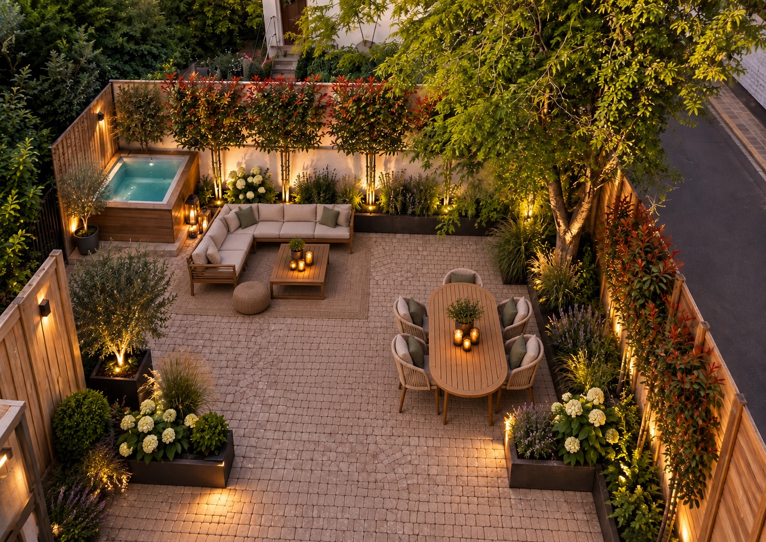 Gartenvisualisierung mit Lounge links hinten und Esstisch rechts