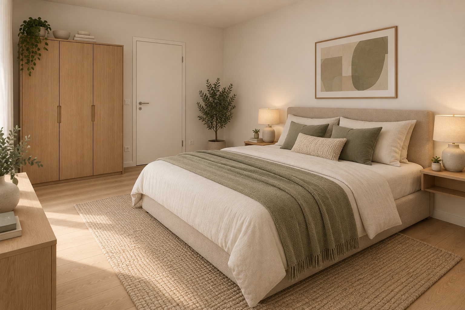 Schlafzimmer mit Doppelbett, hellem Holz und ruhigen Naturtönen