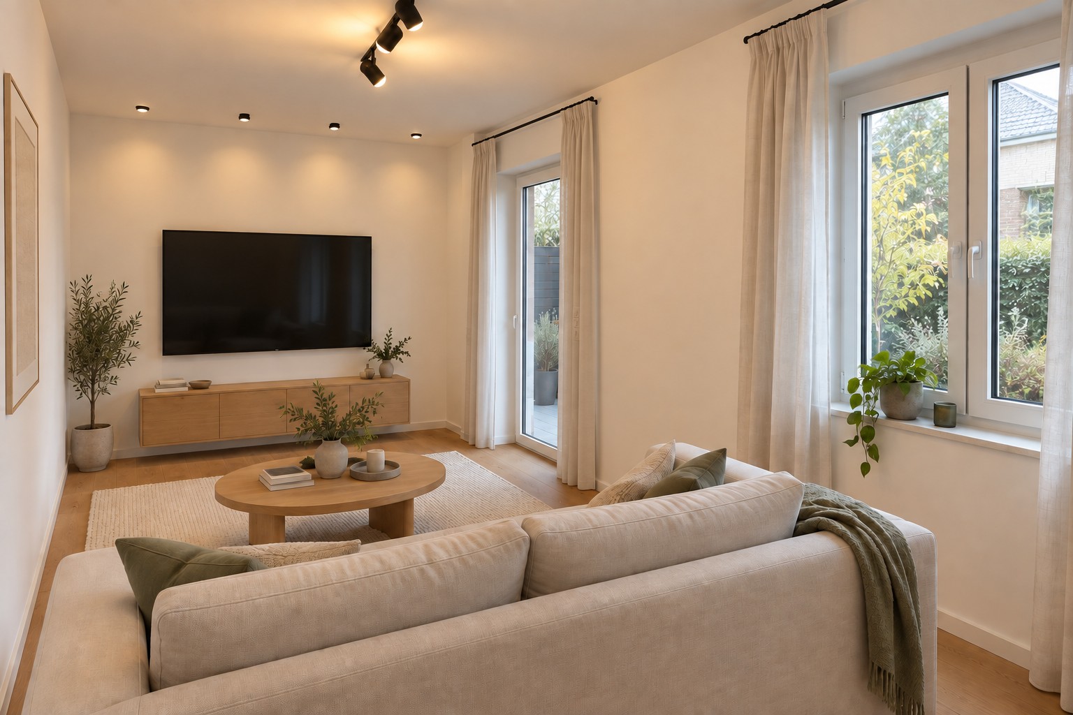 Wohnzimmer mit wandmontiertem TV, Sofa, Doppelfenster und einflügeliger Terrassentür